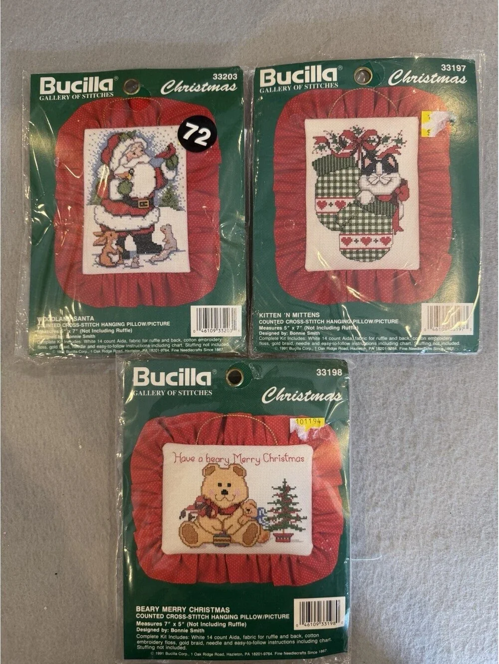 Vtg 1981 Bucilla Counted Cross Stitch Hanging Pillow/Picture Set Of 3 New